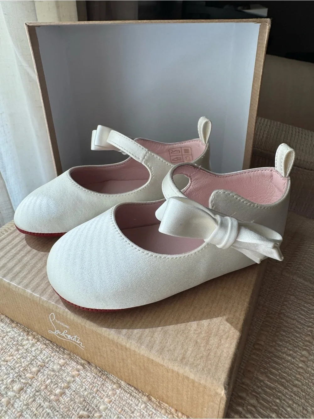 Christian Louboutin Ivory Satin Bow Ballet Flats with Red Sole